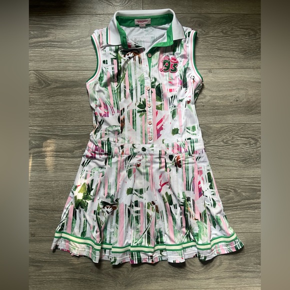 Sunview Golf Dresses & Skirts - Sunview Golf Sleeveless Collar White Pink Green Print Pleated Tennis Dress L